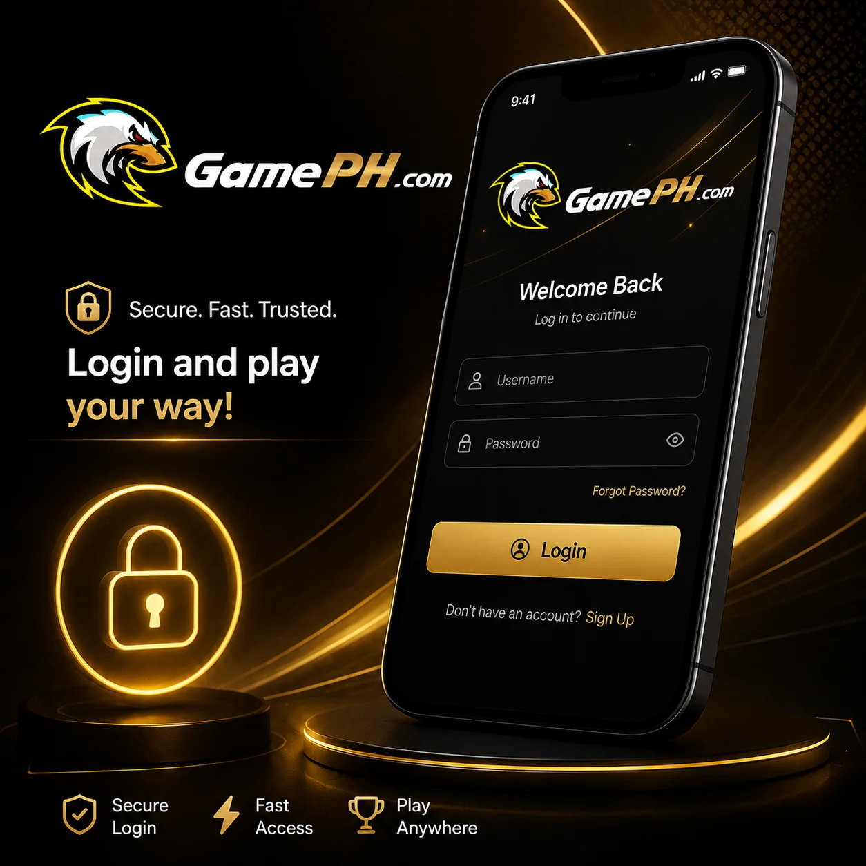 GamePH.com login page displayed on a mobile phone with secure account access.