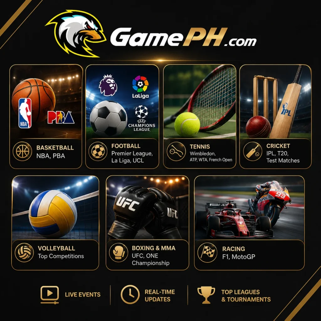 Sports betting on GamePH.com: basketball, football, tennis, cricket, MMA and racing.
