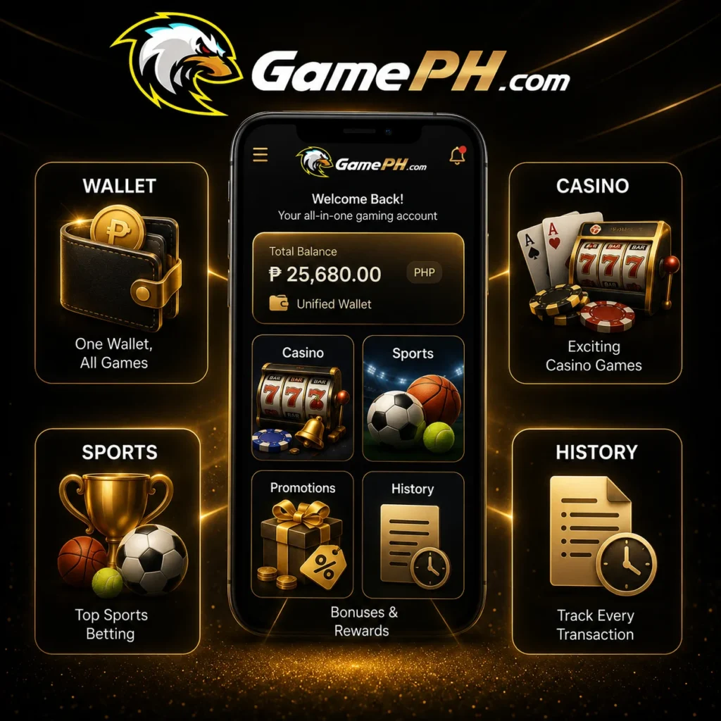 Unified wallet on GamePH.com for casino games, sports betting, bonuses and transaction history.